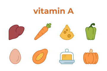 A set of line icons of products containing vitamin A. Collection of vitamin A, editable stroke