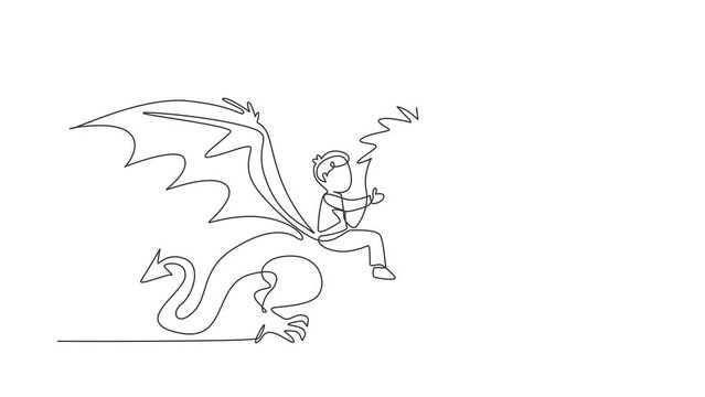 Animated self drawing of continuous line draw happy little boy flying with fantasy dragon. Child fly and sitting on back dragon at the sky. Kids imaginary fairytale. Full length single line animation