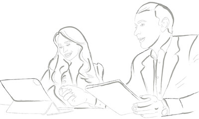 Man and woman working together on tablets vector line art