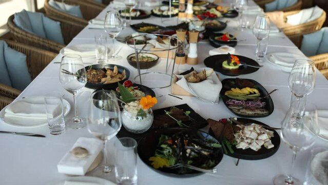 food on the banquet table in the restaurant at the wedding birthday