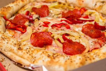 Tasty pizza with pepperoni, ham and peppers and pizza ingredients around the table