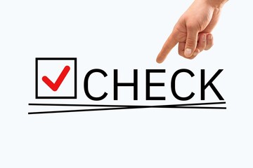 Hand point on CHECK word on simple background