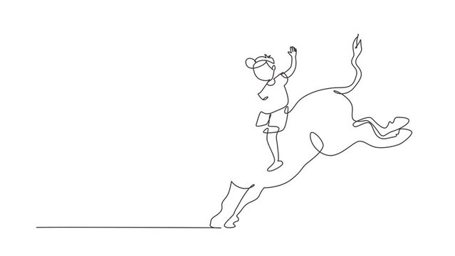 Animated self drawing of continuous line draw happy cute kid boy riding cute bull. Child sitting on back bull with saddle in cowboy ranch. Kids learning to ride bull. Full length single line animation