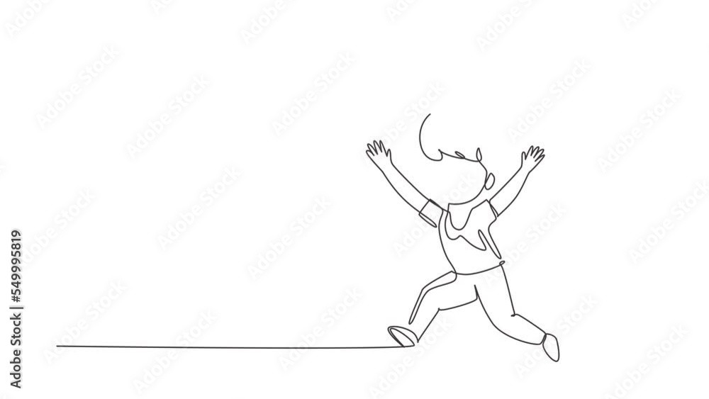 Poster animated self drawing of continuous line draw cute boy run in race and win first place. little kid r