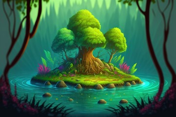 deep inside hidden, little island in magic forest, Magic tree in fantasy cartoon style, illustration for fairytale