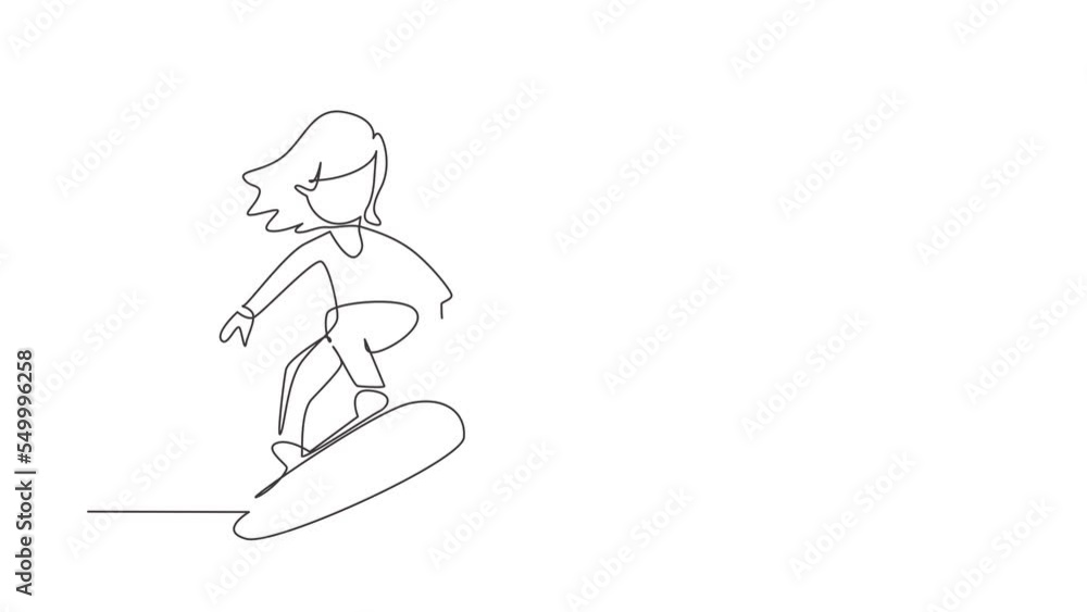 Poster animated self drawing of continuous line draw happy smiling girl playing on skateboard. kid accelera