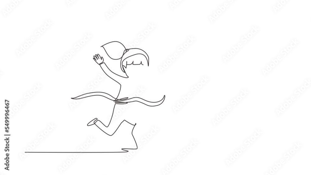 Aufkleber animated self drawing of continuous line draw cute girl run in race and win first place. little kid 
