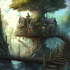 Fantasy treehouse. Dwelling of magical creatures like elves, gnomes, goblins and fairies.	

