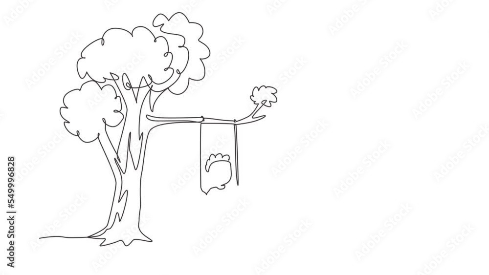 Poster animated self drawing of single continuous line draw happy two boys playing on tree swing. cheerful 