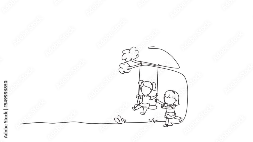 Poster self drawing animation of single one line draw happy two girls playing on tree swing. cheerful kids 