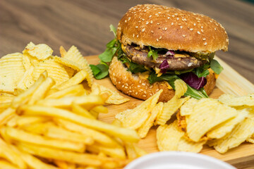 Fresh tasty hamburger and french fries