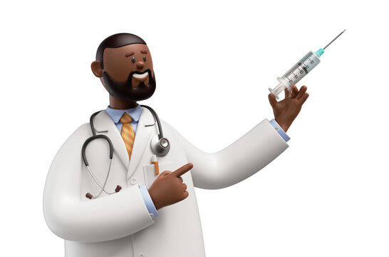 3d render. Happy doctor with vaccine against coronavirus, african cartoon character holds syringe. Vaccination and immunization, medical healthcare concept.