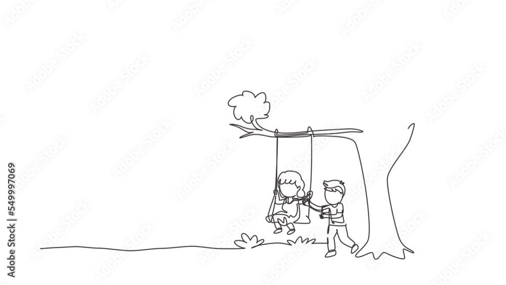 Poster animated self drawing of continuous line draw happy boys and girls playing on tree swing. cheerful k