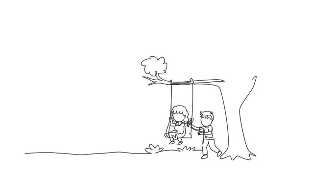 Animated self drawing of continuous line draw happy boys and girls playing on tree swing. Cheerful kids on swinging under a tree. Cute children playing in playground. Full length single line animation