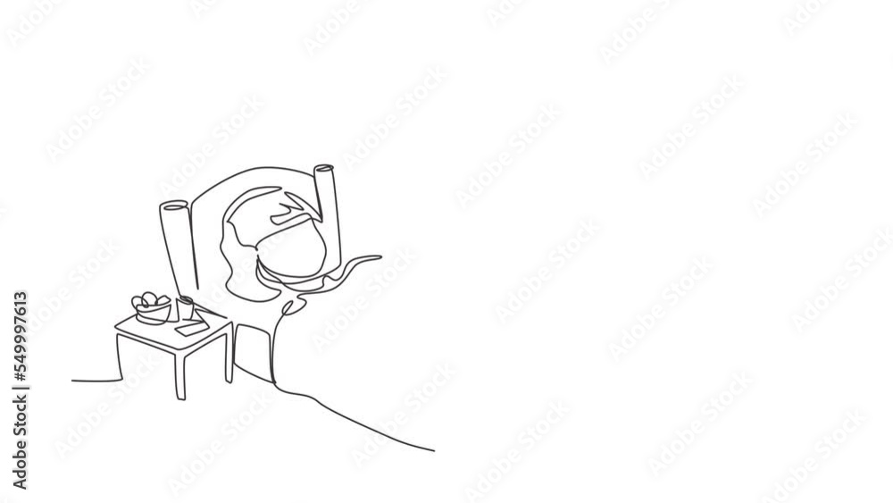 Poster animated self drawing of single continuous line draw sick girl with high fever. child is sick with f