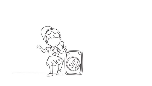 Self drawing animation of single line draw boy and girl sing a song together. Good performance and talent on stage. Beautiful melodic singing of children. Continuous line draw. Full length animated
