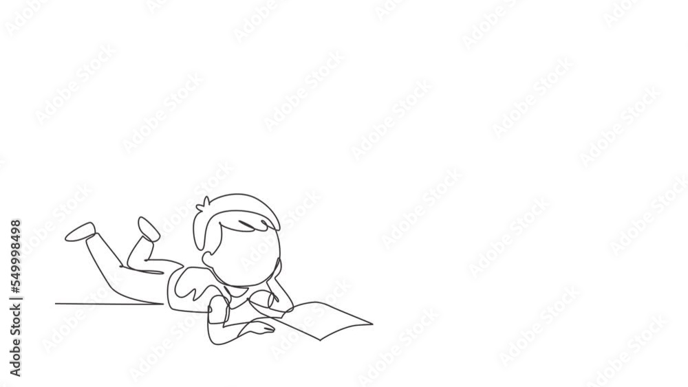 Poster animated self drawing of continuous line draw little baby boy is reading book and dreaming lying on 
