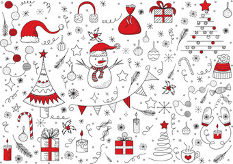 doodle new year, christmas elements ,outline isolated vector