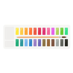 Painting supplies, color palettes, colorful tubes, watercolors, oil paints, acrylic paints.