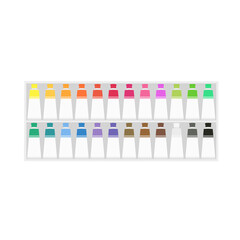 Painting supplies, color palettes, colorful tubes, watercolors, oil paints, acrylic paints.