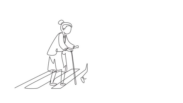 Animated self drawing of continuous line draw boy help grandmother cross street. Well mannered assistance to aged woman. Kid and elderly female go on crosswalk together. Full length one line animation