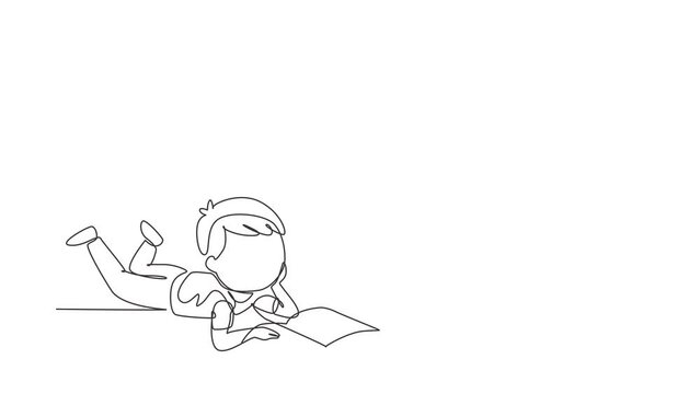 Animated self drawing of continuous line draw little baby boy is reading book and dreaming lying on floor. Pile of books. Source of knowledge. Intelligent student. Full length single line animation