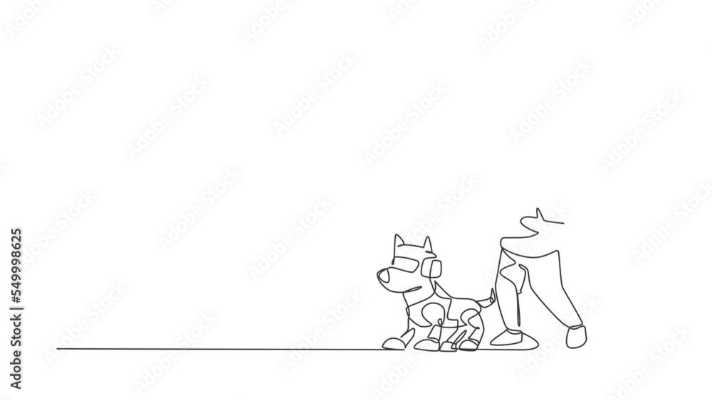 Poster self drawing animation of single line draw boy playing with electronic toy dog robot with remote con