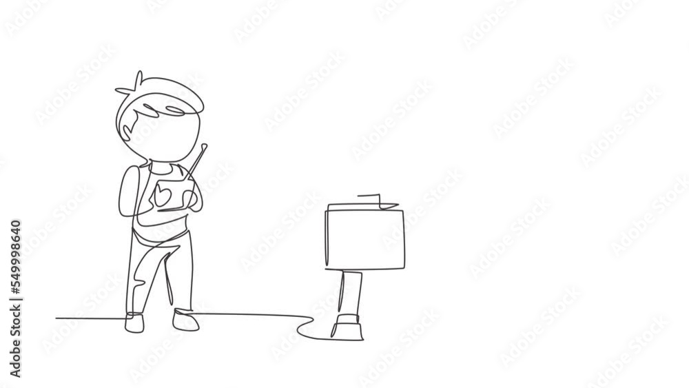 Poster self drawing animation of single line draw boy playing with remote-controlled robot toy. kids playin