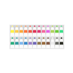 Painting supplies, color palettes, colorful tubes, watercolors, oil paints, acrylic paints.
