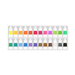 Painting supplies, color palettes, colorful tubes, watercolors, oil paints, acrylic paints.