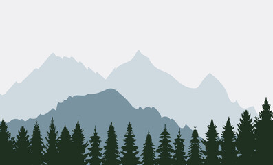 silhouette forest and mountains, nature spruce design vector isolated