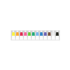 Painting supplies, color palettes, colorful tubes, watercolors, oil paints, acrylic paints.
