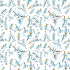Christmas seamless pattern with hand drawn watercolor blue fir branches and cones. Christmas background with traditional elements