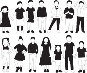 silhouette kids set black and white design vector isolated