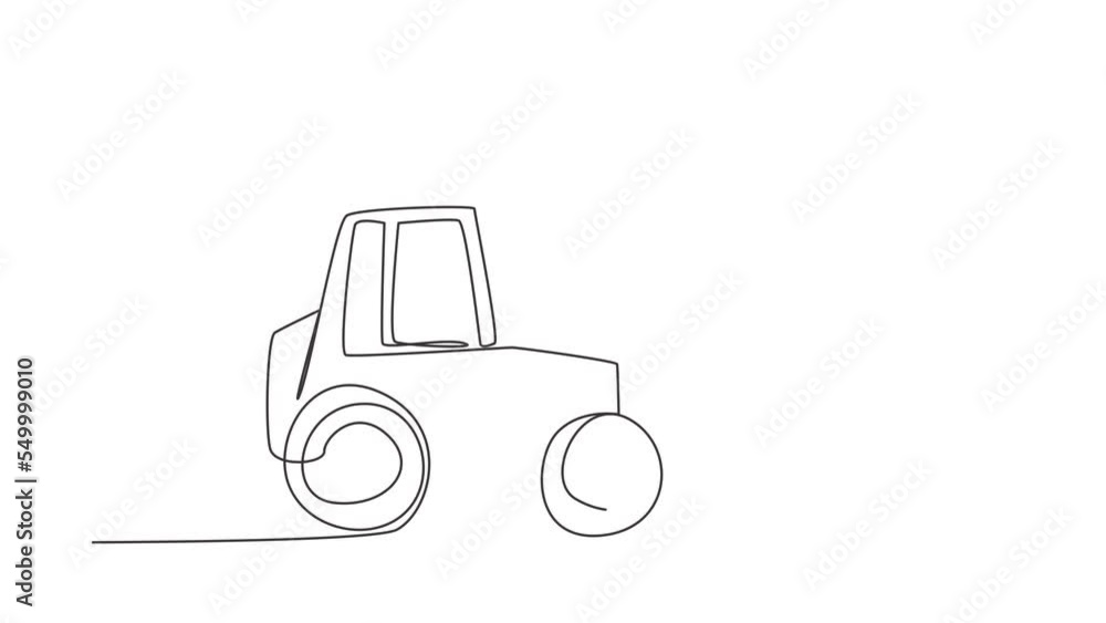 Poster animated self drawing of continuous line draw excavator bulldozer with moving backhoe. construction 