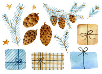 Hand-drawn watercolor Christmas illustration set. Blue spruce branches, candy, gift boxes, stars, snowflakes