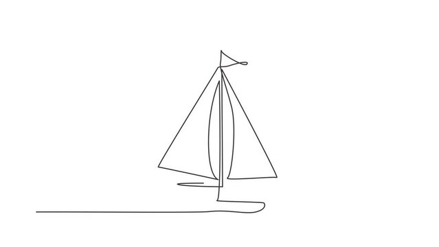 Self drawing animation of single line draw little sailing ship, boat, sailboat, flat style. Icon or symbol of toy boat, sailing ship, sailboat with sails. Continuous line draw. Full length animated