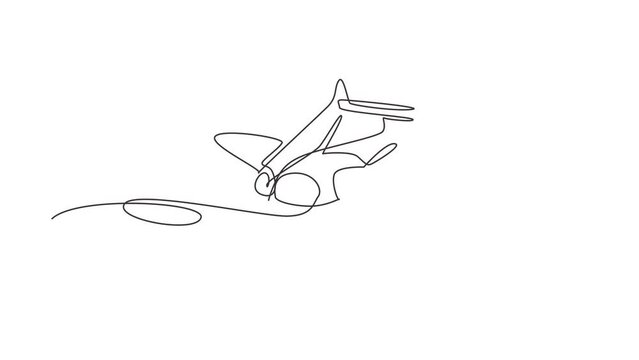 Animated self drawing of continuous line draw vintage airplanes models. Retro motor aircraft with propeller icon. Monoplane and biplane planes. Air transportation. Full length one line animation