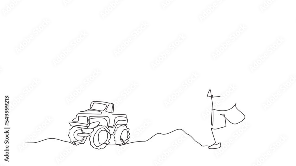 Poster self drawing animation of single line draw boy playing with remote-controlled monster truck. kids pl