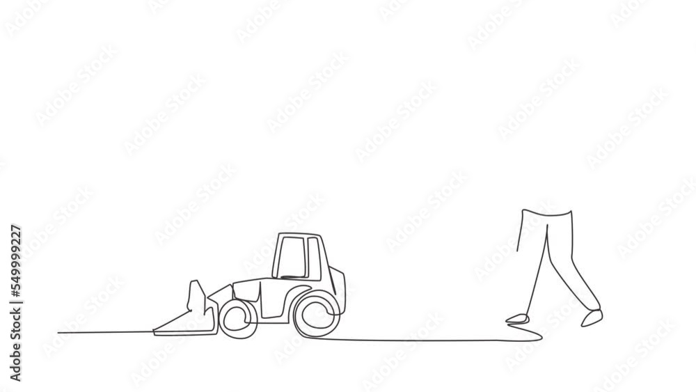Poster self drawing animation of single line draw boy playing with remote-controlled bulldozer. kids playin