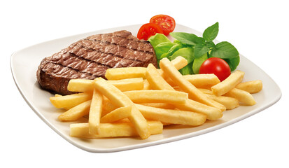 prato com carne grelhada, batatas fritas e salada