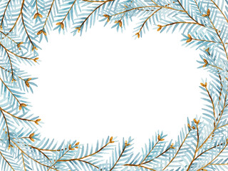 Christmas frame with hand drawn watercolor blue fir branches