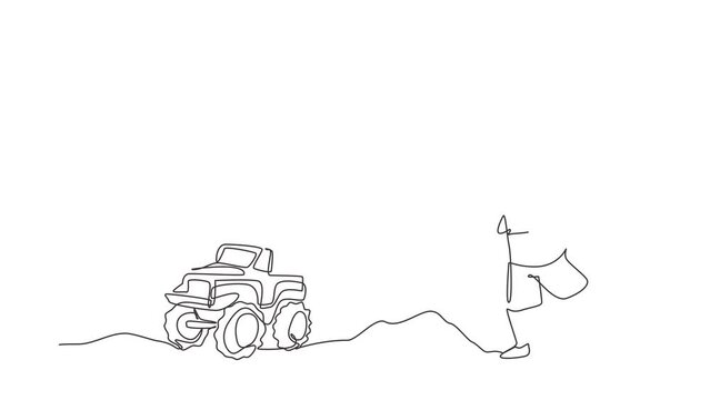 Self drawing animation of single line draw boy playing with remote-controlled monster truck. Kids playing with toy truck with remote control in hands. Continuous line draw. Full length animated