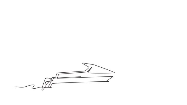 Self drawing animation of single line draw motor boat or small boat with outboard motor. Sea or river ship, flat icon. Sea, river vehicles. Water transport. Continuous line draw. Full length animated
