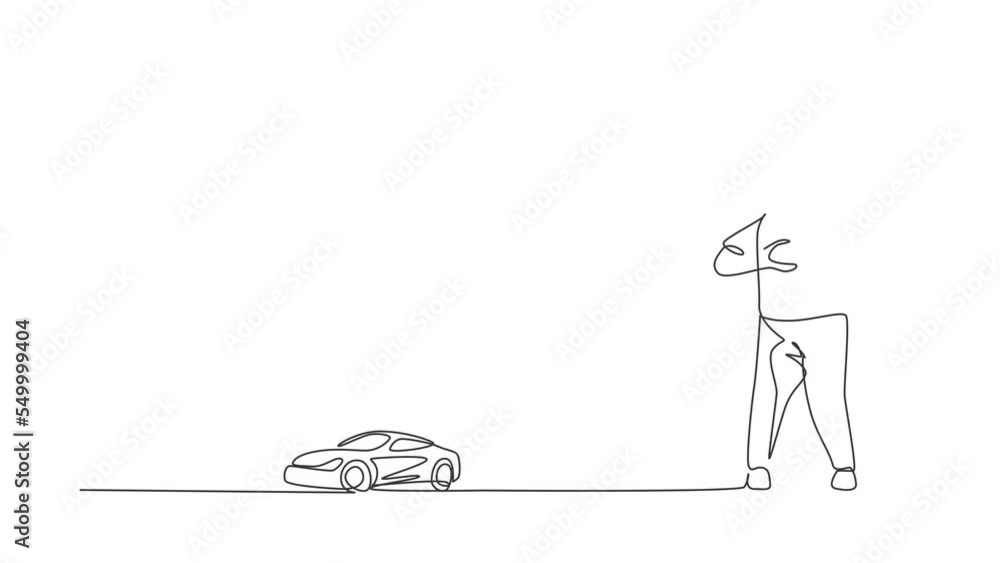 Poster animated self drawing of continuous line draw little boy playing with remote-controlled car. cute ki