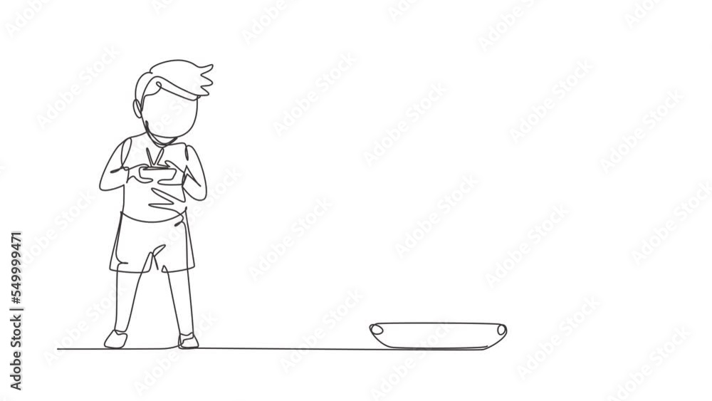 Poster self drawing animation of single line draw boy playing with remote-controlled tank. kids playing wit
