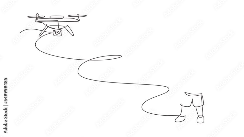 Poster self drawing animation of single one line draw boy with remote control drone. kid playing with quadc