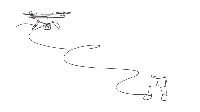 Self drawing animation of single one line draw boy with remote control drone. Kid playing with quadcopter. Happy child controlling flying robot camera drone. Continuous line draw. Full length animated
