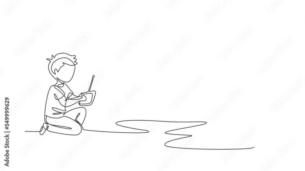 Poster animated self drawing of continuous line draw boy playing with remote-controlled sailboat toy. kids 