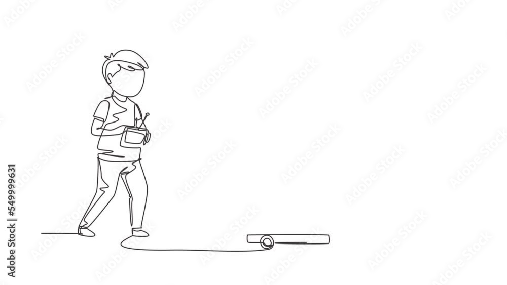 Poster animated self drawing of continuous line draw boy playing with remote-controlled cargo truck. kids p